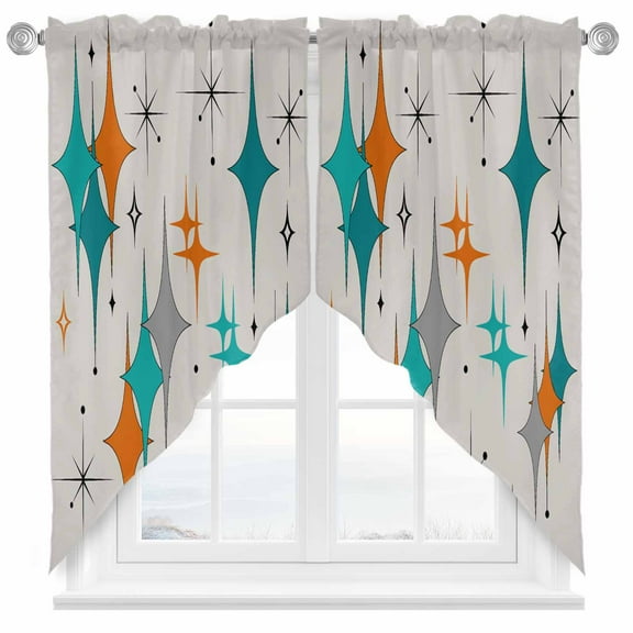 Mid Century Swag Valances for Windows 2 Pack Boho Modern Geometric Teal Orange Star Swag Kitchen Curtains 36 Inches Long Rod Pocket Short Window Treatment for Kitchen Bathroom 28"x36"