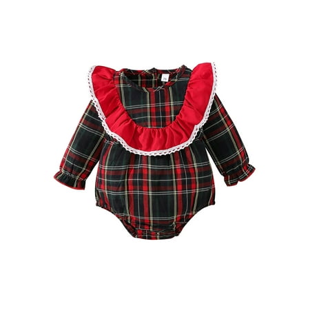 

jaweiwi Infant Baby Girls Christmas Romper Plaid Lace Trim Ruffles Round Neck Long Sleeve Jumpsuits One-Piece Clothes 3-24M