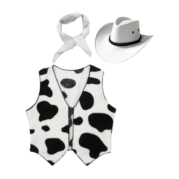Yeahdor Kids Girls Cowboy Costume Cow Print Vest with Bandanna and Hat Set Cowgirl Cosplay Party Outfit White 2T