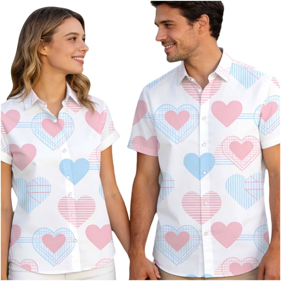 Stamzod Couples Matching Hawaiian Shirts Men Women Lover Heart Valentines Shirt Short Sleeve Summer Beach Button Down Shirts White E XXL