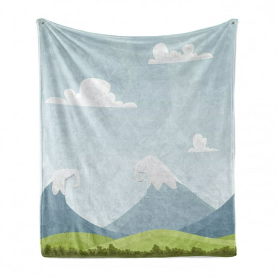 Cloud Soft Flannel Fleece Blanket, Cartoon Mountains Landscape with Grass and Snow Idyllic Scene of Nature, Cozy Plush for Indoor and Outdoor Use, 50" x 60", Bluegrey Green Pale Blue, by Ambesonne