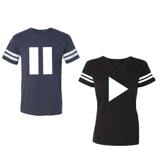 Play Pause Unisex Couple Matching Cotton Jersey style T-Shirt Contrasting stripes on sleeves (Men Navy / Women Black) (Men S / Women S)