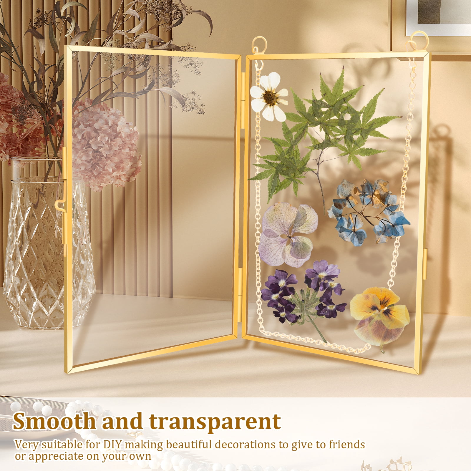 3Pcs Pressed Flower Frames with Tweezers Hanging Glass Picture Frames with Metal Chain Gold Double Glass Frame Elegant Hanging Picture Frames for Artwork Display