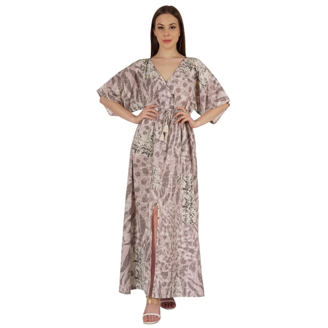 Inkmeso Robe à Manches Kimono Courtes Imprimée à Col en V pour Femmes, Robe Maxi Longue Décontractée d'Été