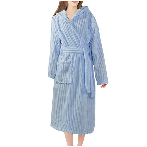 Htigea Women's Fleece Bathrobe Soft Comfy Long Sleep Robe Belt with Belt and Pocket Winter Warm Loungewear Blue,Free Size