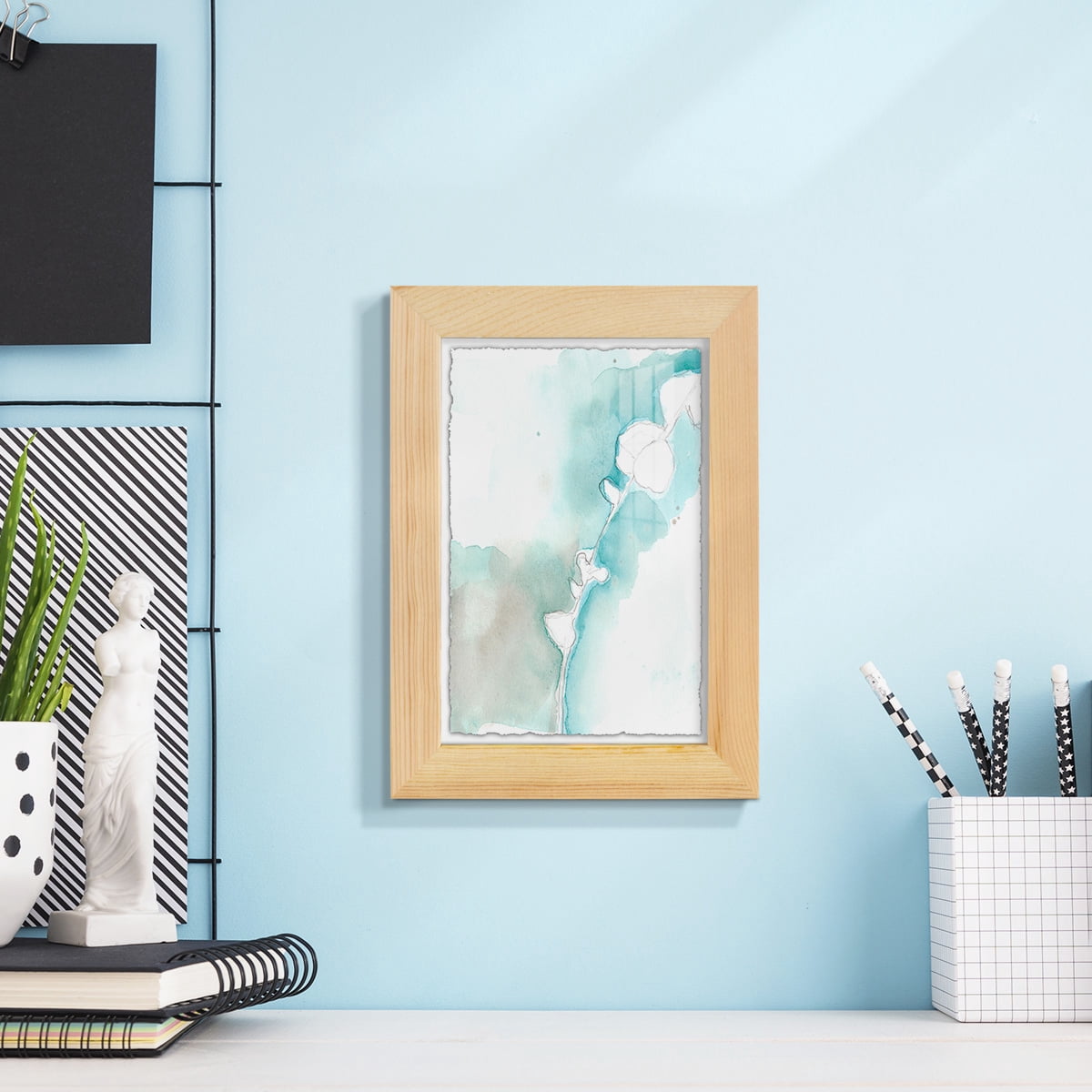 Ginkgo on Dusty Teal VII - Framed Print w/glass - Natural Wood