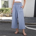 thumbnail image 7 of Hearthz Gingham Plaid Womens Wide Leg Pants Elastic Smocked Waist Womens Cropped Pants Flowy Baggy Womens Flowy Pants Blue L, 7 of 7