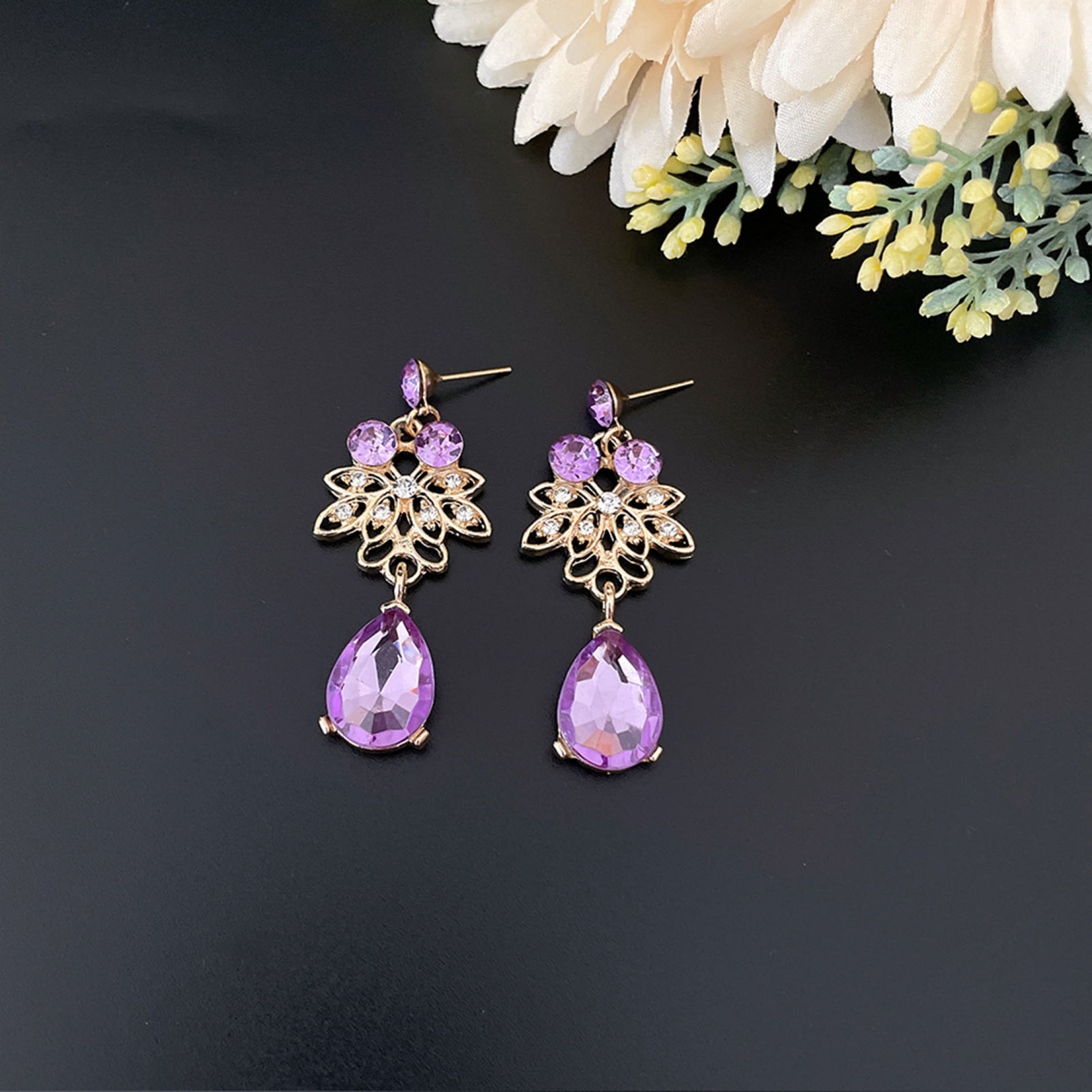 Necklace Earrings Violet Crystal Water-drop Style Bridal Wedding Jewelry  Set Pink 2 