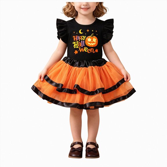 NIEWTR Girls' Halloween Party Outfit With Flying Sleeves Top Mesh Skirt Three Piece Skirt Set Cosplay Dress Up Role Play Set