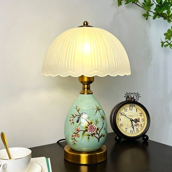 15” Vintage Floral Ceramic Table Lamp, Traditional Bird and Flower Bedside Light with Glass Lampshade for Living Room, Bedroom, Office