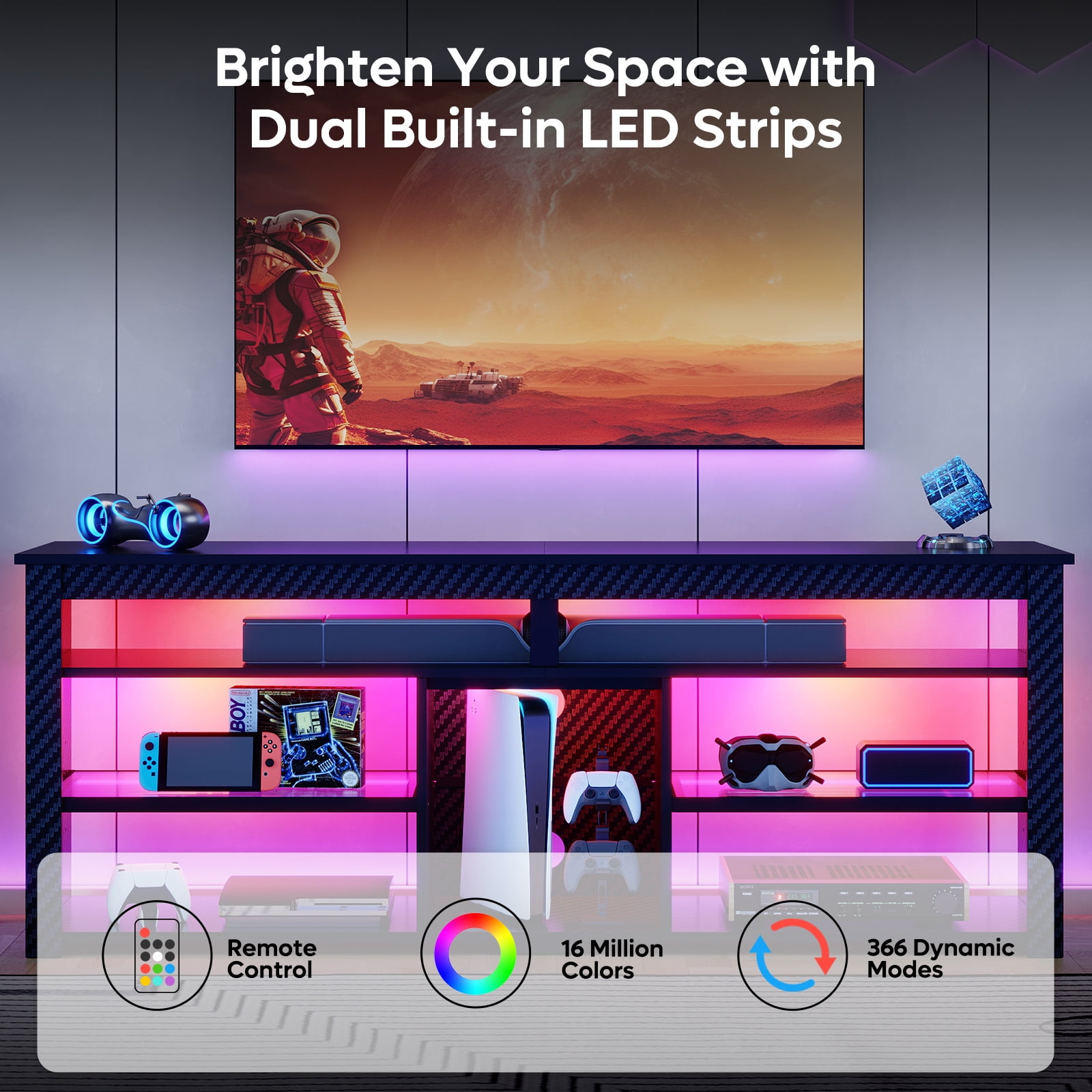 Bestier 63" Tall TV Stand with LED Lights, Entertainment Center for TVs up to 70 inch, TV Console with Storage & Adjustable Shelves in Black Carbon Fiber