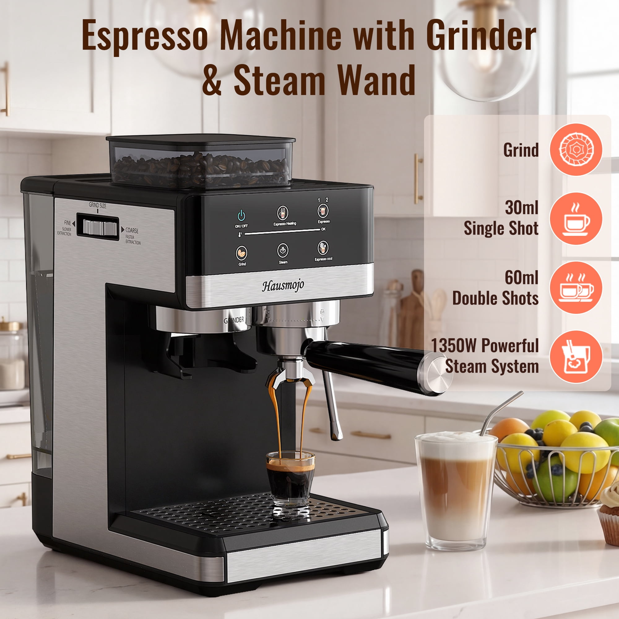 Hausmojo 5520 Espresso Machine with Grinder, Cold Brew & Milk Frother, 20-Bar Semi-Automatic for Latte & Cappuccino, Adjustable Grind & Volume