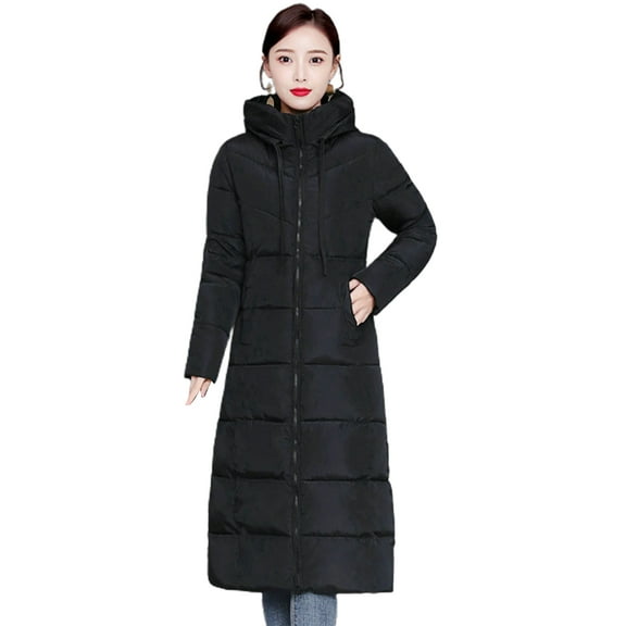 comerut Winter Down Coat Hooded Solid Color Thicken Long Sleeves Pockets Keep Warm Thick Padded Plus Size Women Winter Coat for Outdoor