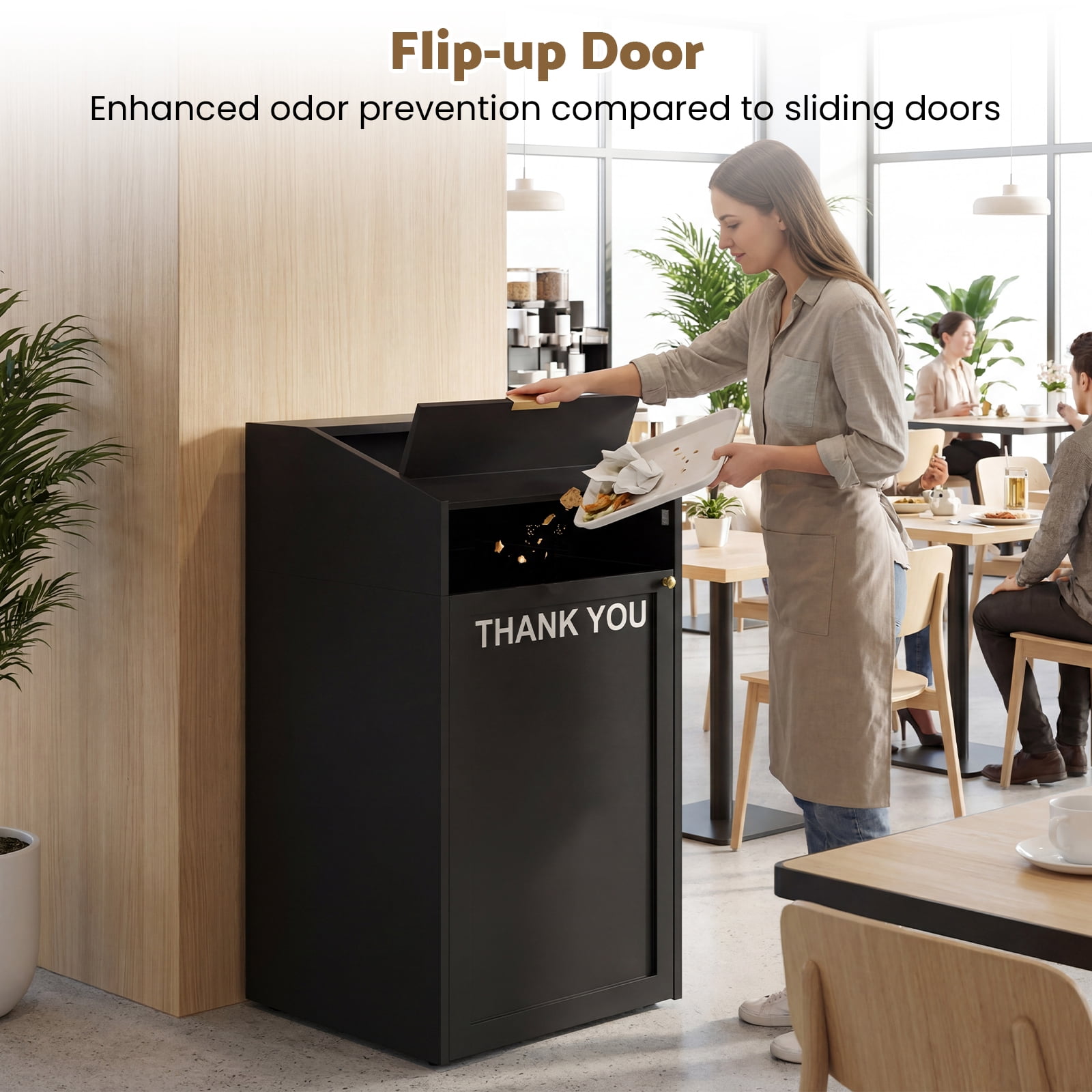 Advwin 40 Gallon Commercial Trash Can Cabinet, Heavy Duty Restaurant Waste Receptacle with Lift-Up Door, Top Cup Slot & Tray Holder, Wooden Garbage Bin Enclosure for Cafeteria, School, Office & Lobby