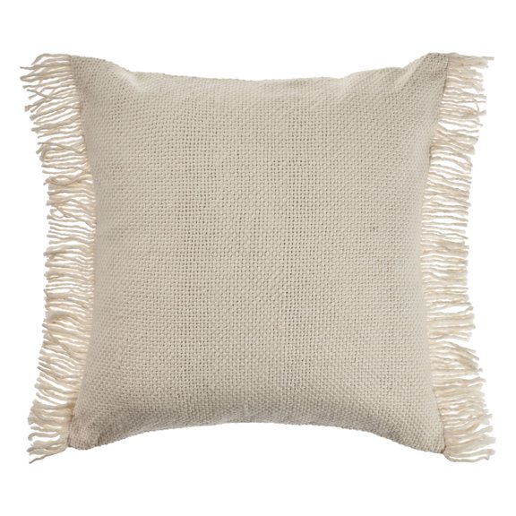 Woven Paths Solid Woven Throw Pillow with Fringe, Ivory, 20" x 20"