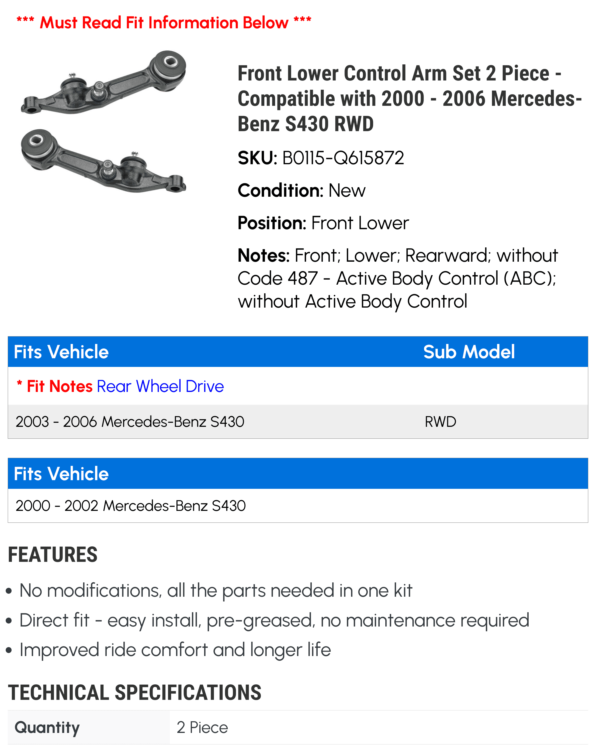 Evan-Fischer Front Lower Rearward Control Arms – Set Of 2 For Mercedes-Benz S430 / S500 (2000-2006), Forged, Sealed Bushings