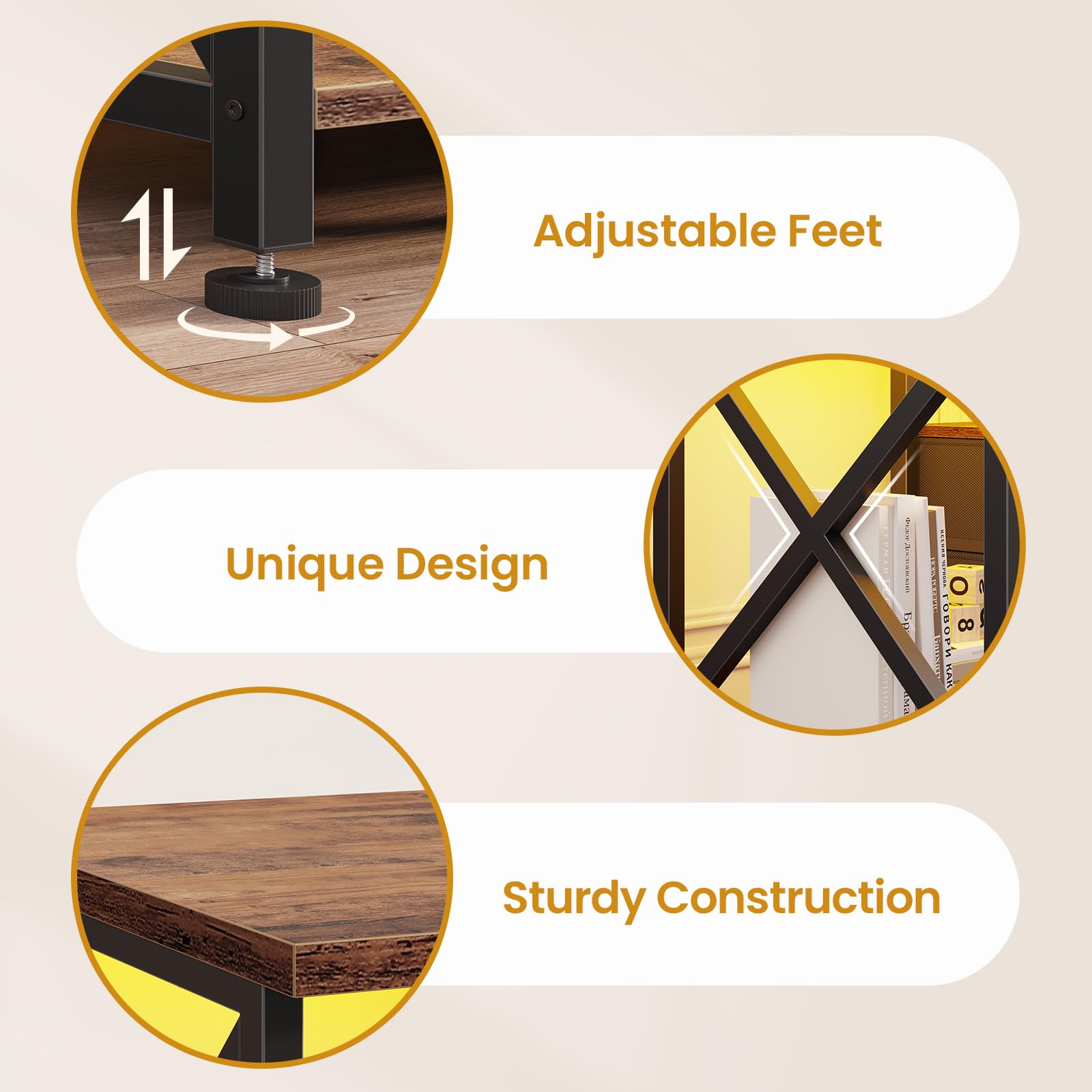 Afuhokles 63" TV Stand for 80 Inches TV, Entertainment Center with LED Lights and Power Outlets, 6 Fabric Drawers, Brown