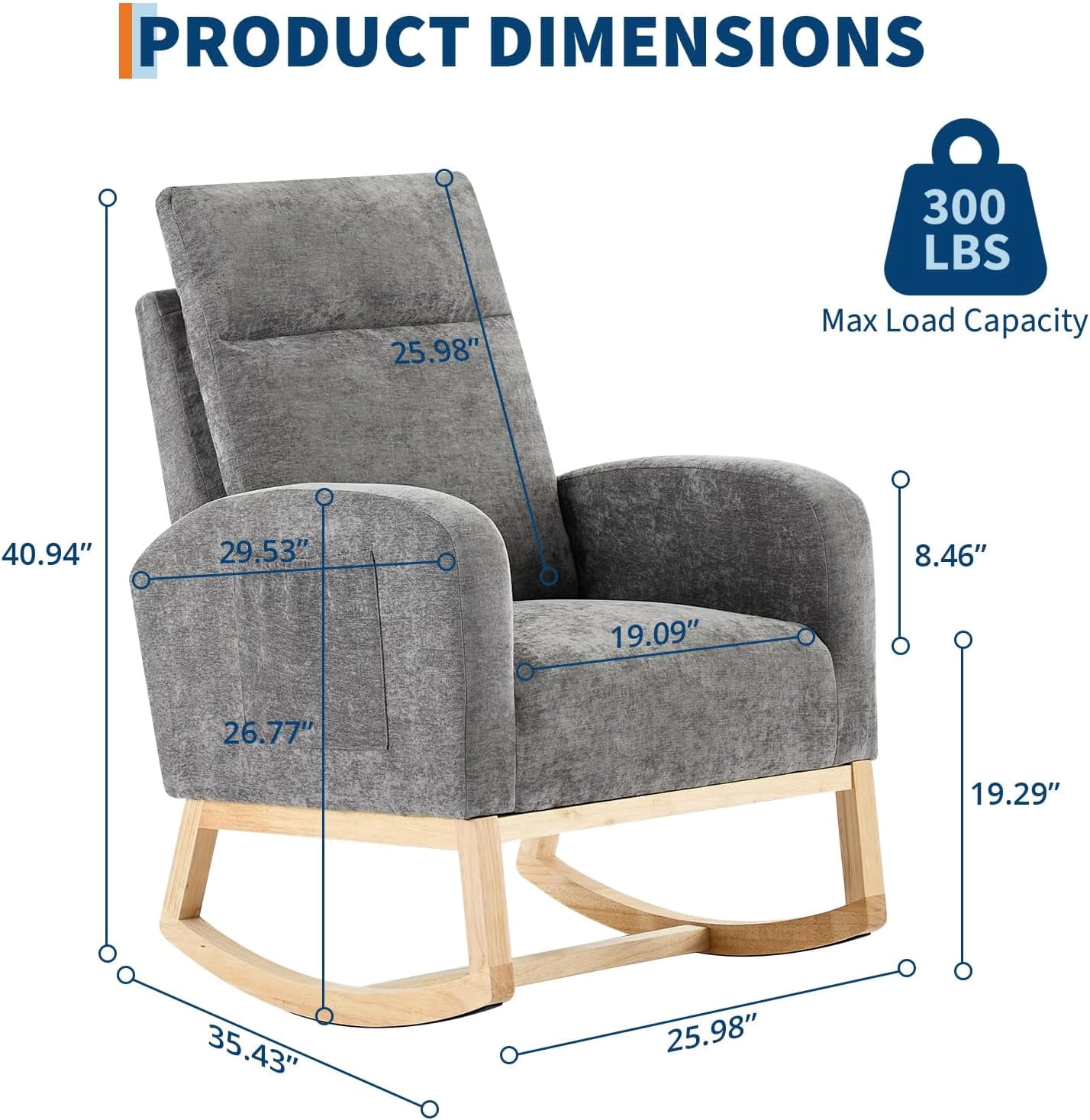 Rocking Chair Nursery Chair with Foot Rest, Nursery Rocking Chairs with Pocket，Baby Nursery Glider Rocker for Living Room