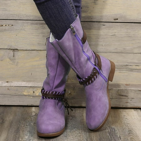 

Women Fashion Shoes Retro Western Boots Casual Warm Low Heels Mid-calf Boots
