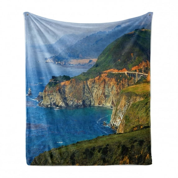 Big Sur Soft Flannel Fleece Throw Blanket, Photo of an Aerial Vista Scene of California Coast High Mountains, Cozy Plush for Indoor and Outdoor Use, 50" x 60", Sea Blue and Multicolor, by Ambesonne