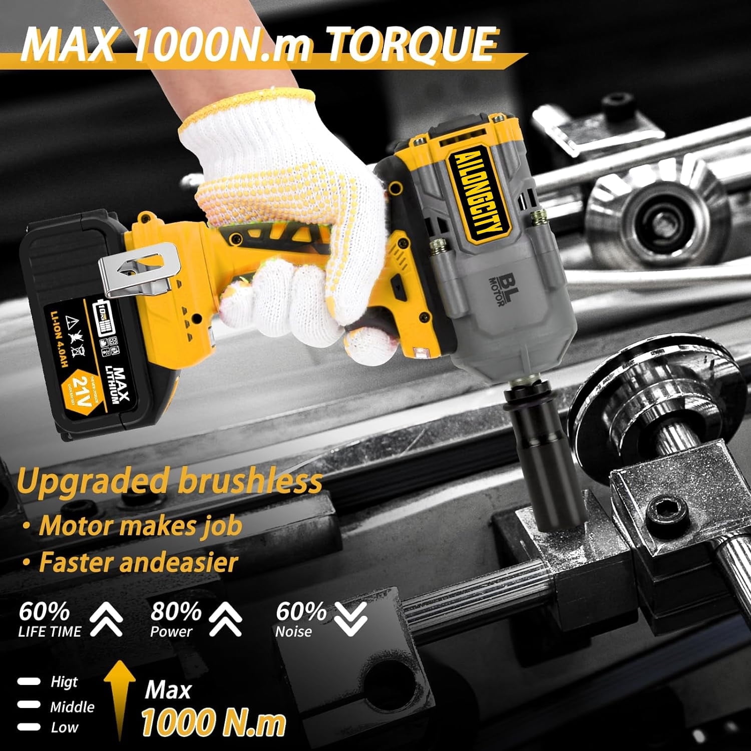 1000N.m(740ft-lbs) Cordless Impact Wrench, 1/2 Inch High Torque Brushless 21V Impact Gun w/ 2 x 4.0Ah Battery & Fast Charger & 5 Sockets, Pistola De Impacto for Home Car Tires Truck Mower
