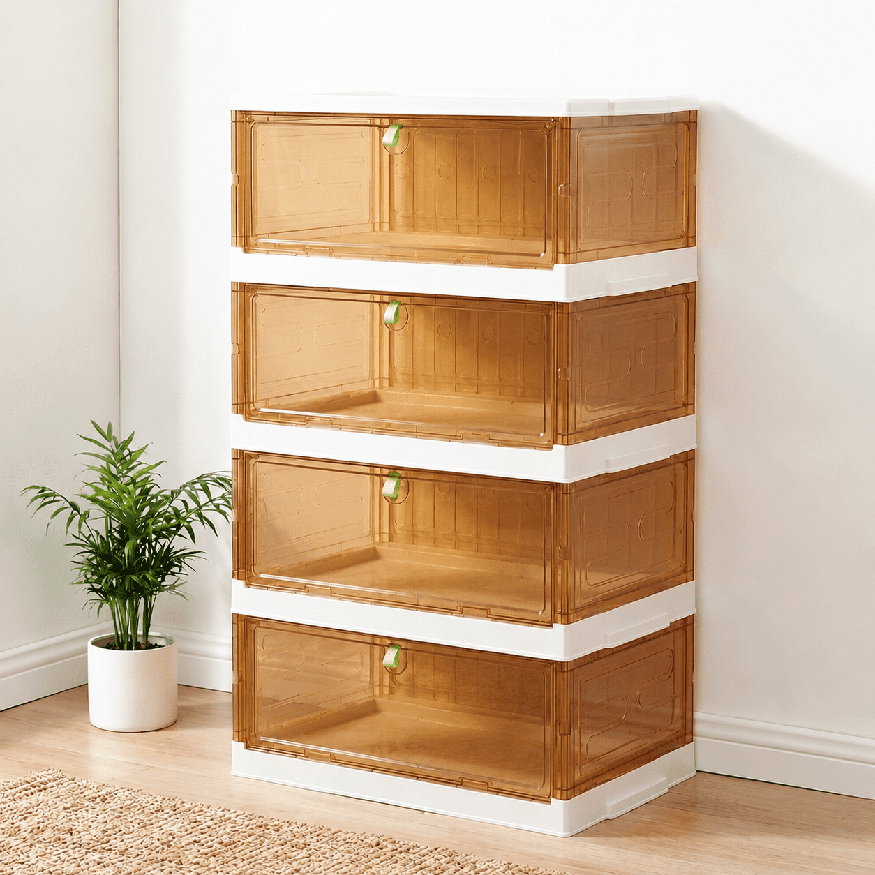 Shoe Rack Organizer for Entryway/Closet Stackable Magnetic-Door Shoe Boxes Foldable Space-Saving Sneaker & Boot Containers Thicken & Sturdy Plastic Cabinet 4 Tiers 8 Pairs Taupe