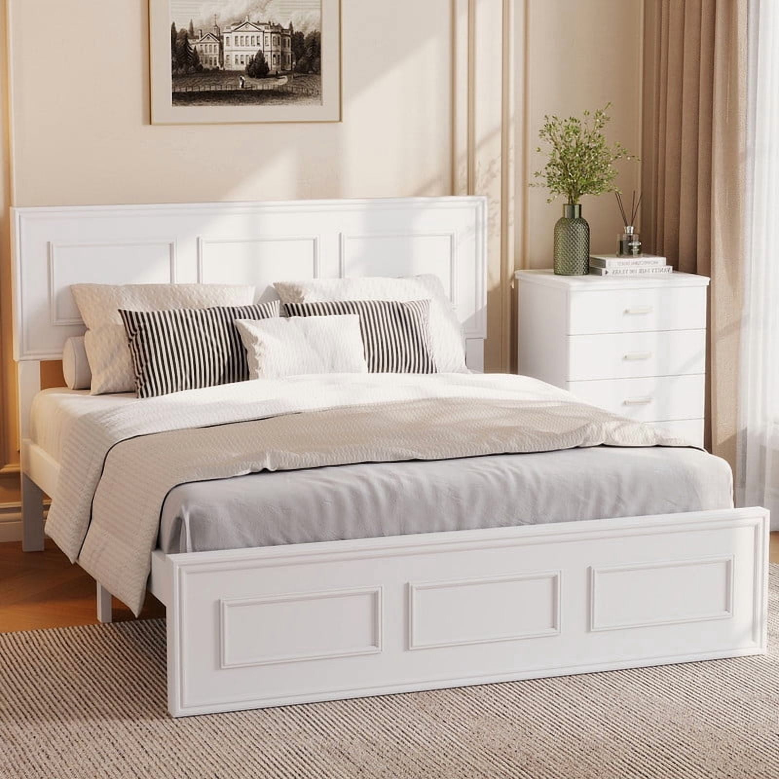 Full Size Platform Bed with Adjustable Height Headboard, Wood Strengthened Bed Frame with Under-Bed Storage Space