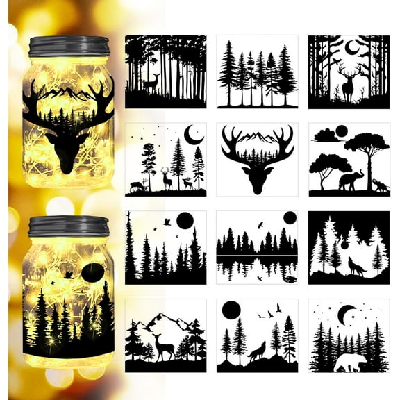 Forest Silhouette Cutouts for Jars Mason Can Glass Wishing Bottle Decor(No Stickers) 12Pcs Reusable Forest Silhouette Lantern DIY Craft Kit Jar Decals Art Mural Home Garden for DIY