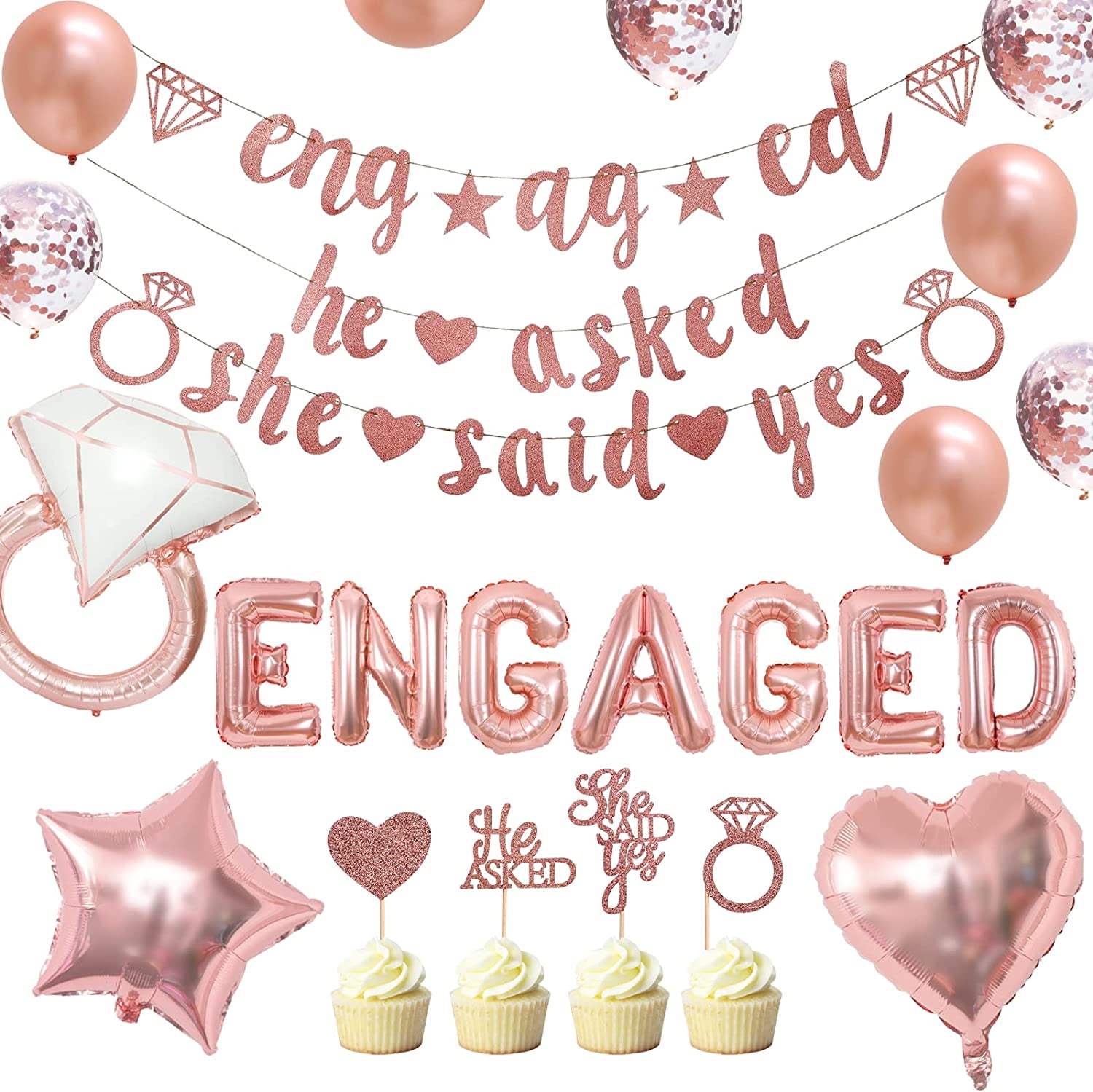 Engagement Party Decorations Rose Gold, He Asked She Said Yes Banner Cupcake Toppers Engaged Balloons for Wedding Congratulations Decorations, Bridal Shower Hen Bachelorette Party Supplies