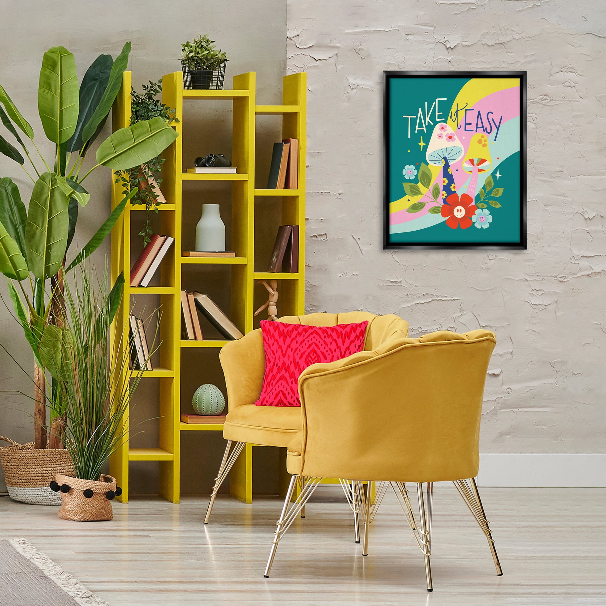 Stupell Industries Take It Easy Mushrooms Plants & Flowers Painting Black Floater Framed Canvas Art Print Wall Art, 17 x 21