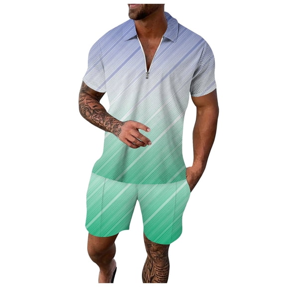 Fauean Outfits for Men Two Piece Summer Set Color Block Tops Wide Leg Shorts Casual Suits Mint Green Size M