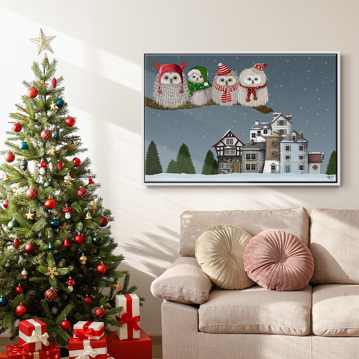 Christmas Christmas Owl Village - Framed Gallery Wrapped Holiday Canvas - 25 x 37 - White Frame