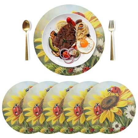 

joogoo Ladybugs on Sunflowers Daisy Round Plate Mats for Dining Table Placemat Set of 6 Holiday Decoration