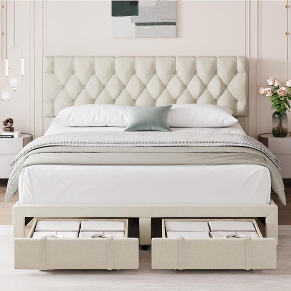 Eastvita King-Size Upholstered Platform Bed Frame with Storage Drawers/Mattress Foundation with Solid Wooden Slats - No Box Spring Needed (Beige)