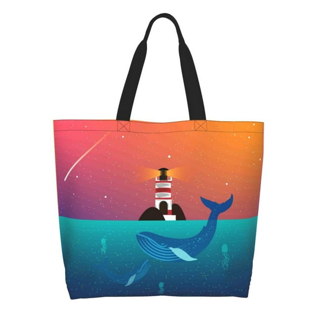 Balery Lighthouse and Whale Bolsa Tote Estilo Estético con Cremalleras, Bolsa de Hombro, Bolsa de Compras Grande y Plegable