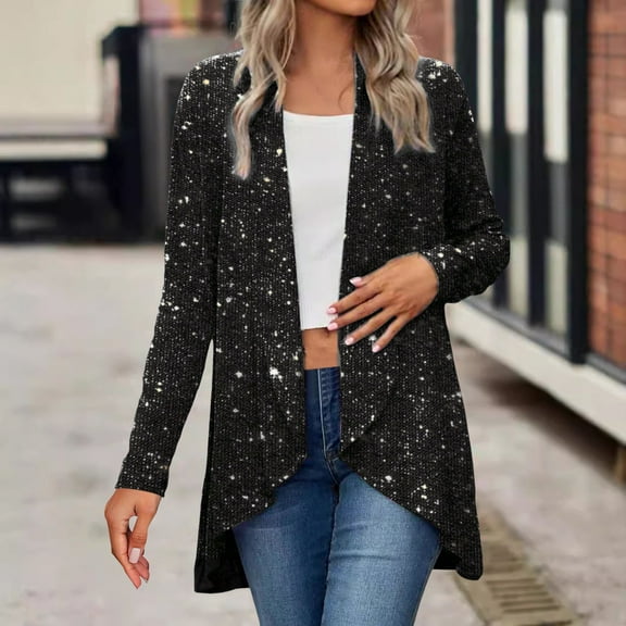 Sparkly Blazer Womens Sequin Open Front Long Sleeve Crop Jacket