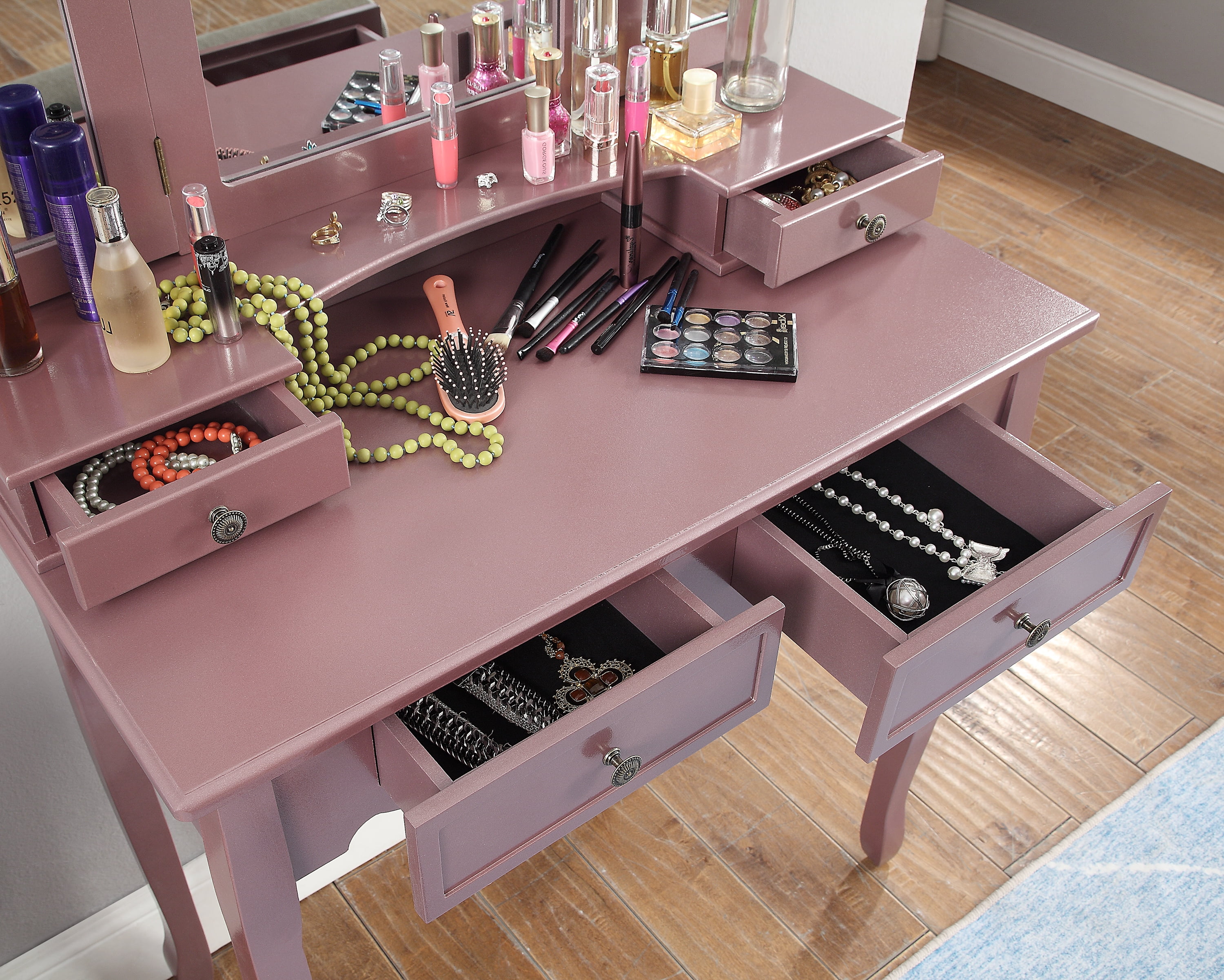 Roundhill Furniture Sanlo Contemporary Rose Gold Finish Wooden Vanity, Makeup Table and Stool Set