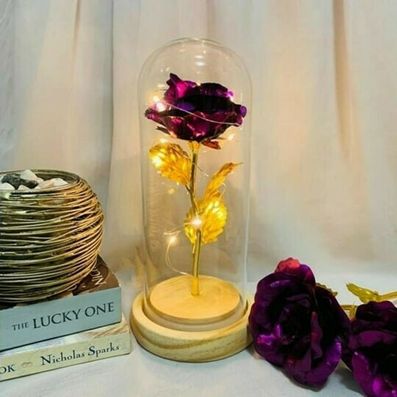 Rose in Glass Dome with LED Light (PURPLE)