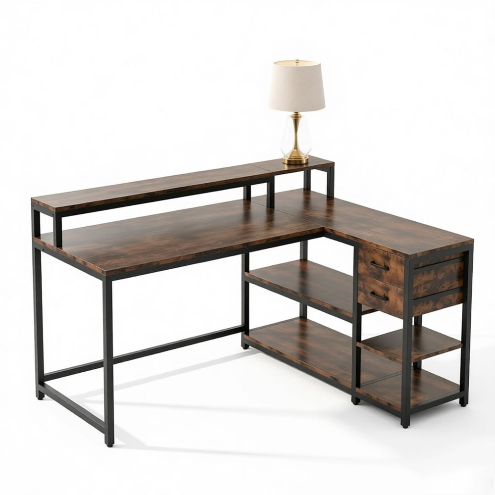 L-Shaped Corner Desk with Shelves & Drawers, Monitor Riser Workstation, E1 Particle Board Metal Frame Computer Desk for Home Office Gaming