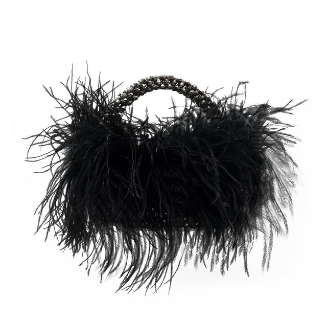 Bolso de mano Miuco Real Natural con plumas de avestruz con cuentas negras