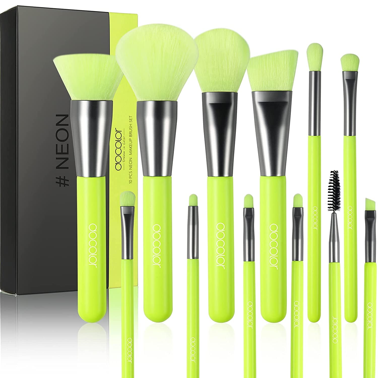 Docolor Makeup Brushes 10 Pcs Premium Synthetic Kabuki Foundation Brush Blending Face Powder Blush Concealers Eye Shadows Makeup Brush Set, Neon Green-Mother's Day Gift