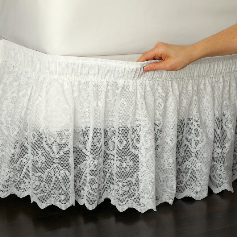 Collections Etc Lace Trimmed Elastic Bed Wrap, Easy Fit Dust Ruffle  Bedskirt, White, Twin/Full