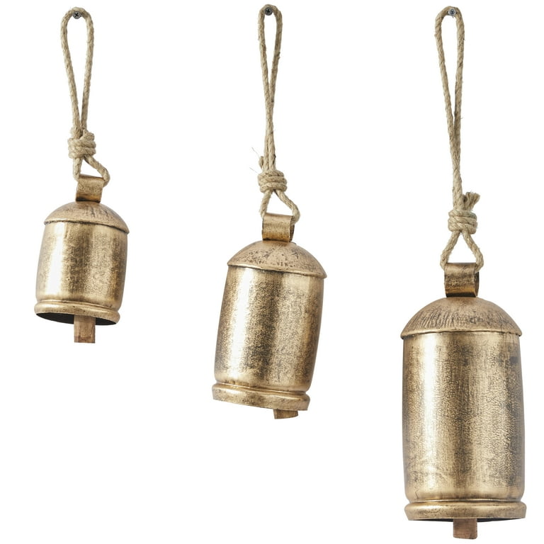 Decmode Tibetan Inspired Black Metal Cylindrical Decorative Cow Bells with Jute Hanging Rope, 3 Count, Size: Medium
