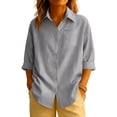 thumbnail image 6 of LEKODE womens linen tops V-neck Round neck embroidery cotton linen tops for women Dressy Casual Button-down lightweight shirt womens short sleeve button down shirts Casual formal wear Beige L, 6 of 9
