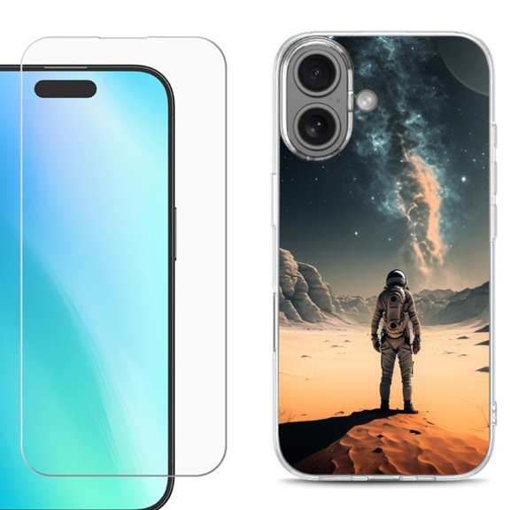 For iphone 16 Plus Phone Case Cover, Shockproof Case with Tempered Glass Screen Protector, by OneToughShield - Astronaut Milkyway