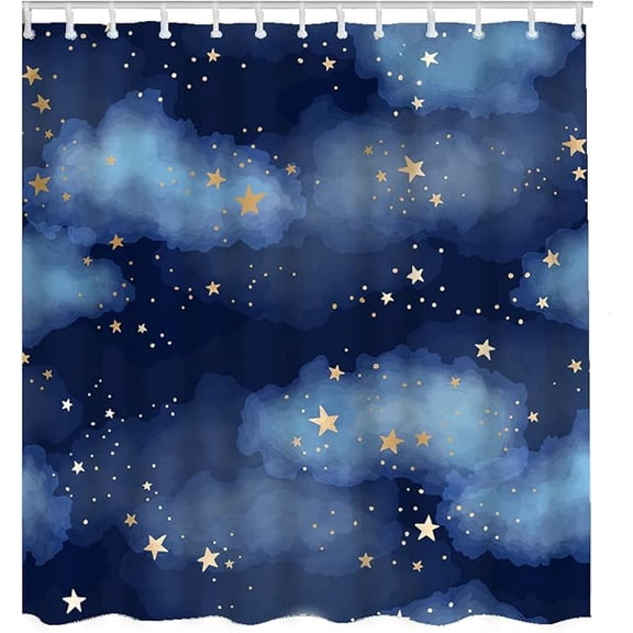 Dark Blue Stars Clouds Shower Curtain Watercolor Gold Shining Constellations Night Sky Water Resistant Bathroom Accessories For Home Decorations 36"W x 72"L (Pack of 1)
