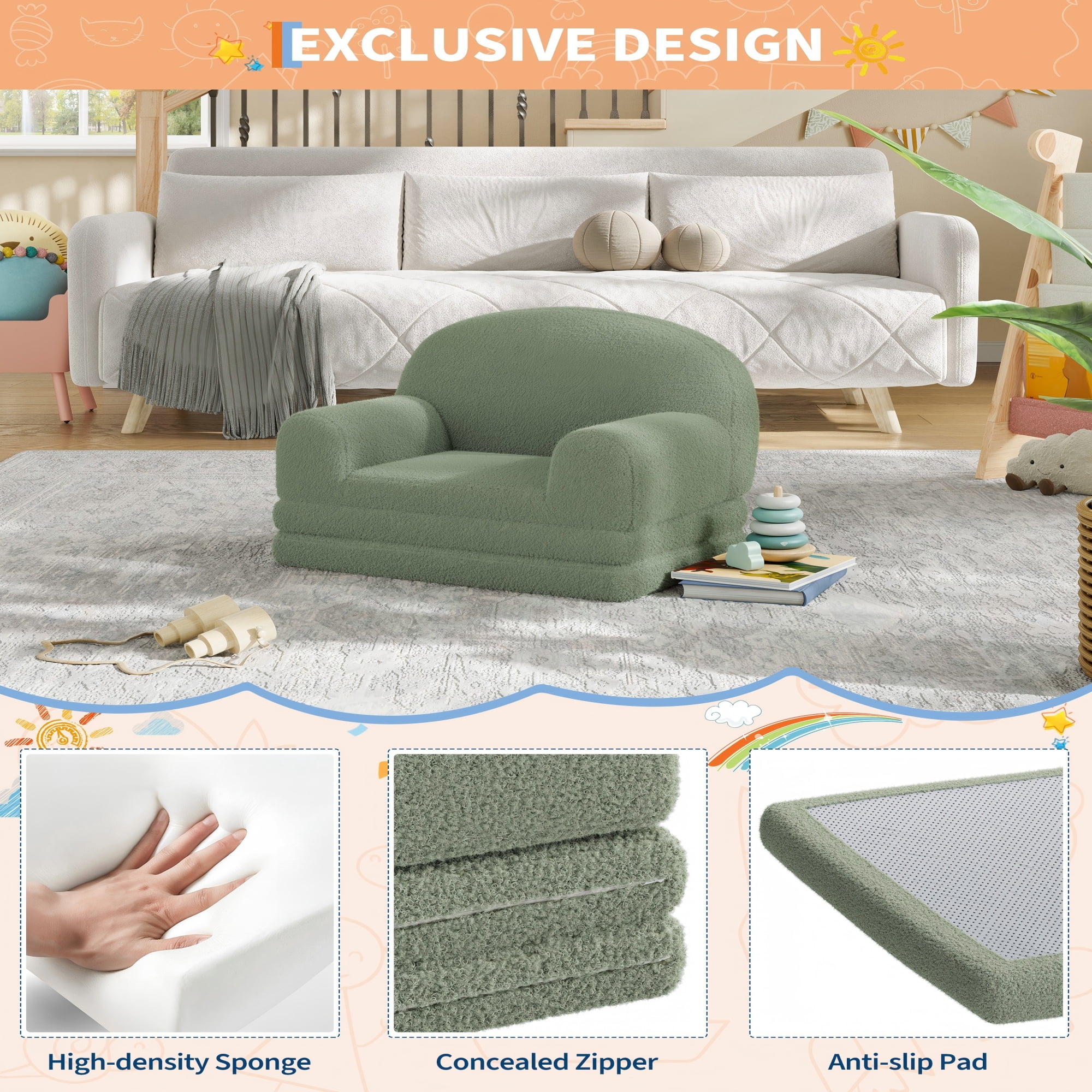 COZONY 2-in-1 Kids Sofa Chair, Convertible Toddler Couch Lounger, Fold-Out Teddy Fleece Sofa Bed