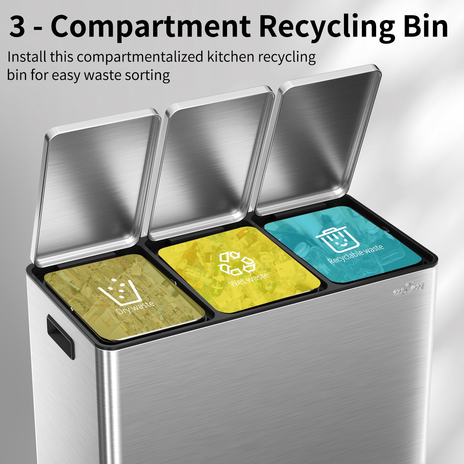 mVm 12 Gal Stainless Steel 3 Compartment Trash Can, Triple Step Trash Can with Steel Lids, Modern Kitchen Office Garbage Can(Silver)