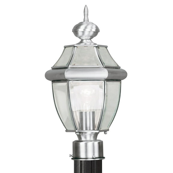 1 Light Brushed Nickel Outdoor Post Lantern Pendant Lighting Fixture with Clear Beveled Glass Shade backed with Hand Crafted Solid Brass material for patio, front porch, entryway and more