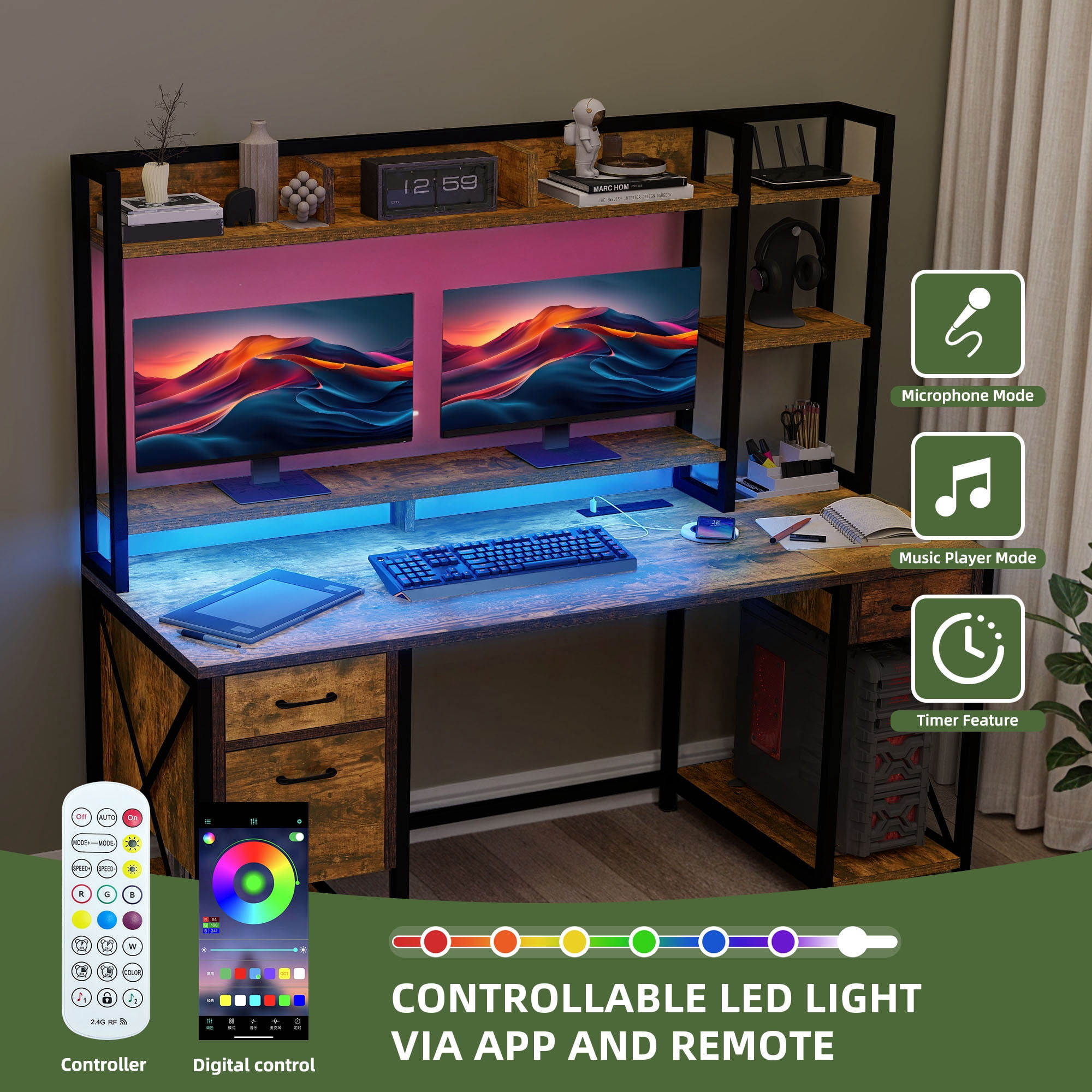 Uforic 59.1 Inch Rustic Brown Computer Desk with Hutch & Drawers with RGB LED Light Strip Multi-Shelf Storage with Sturdy Metal Frame, Brown